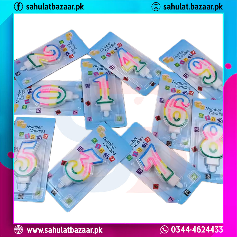 Colorful number candles in packaging on a white background with 'sahulatbazaar.pk' branding.