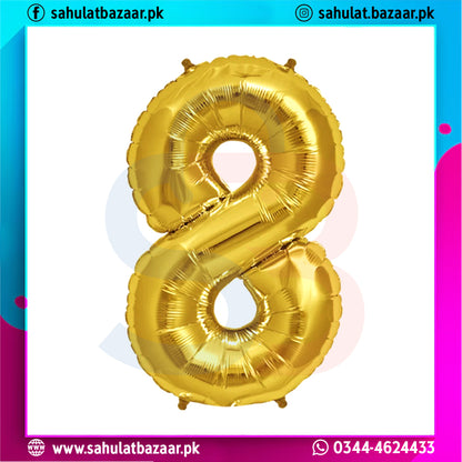 Gold number 8 balloon on a colorful background with branding text.