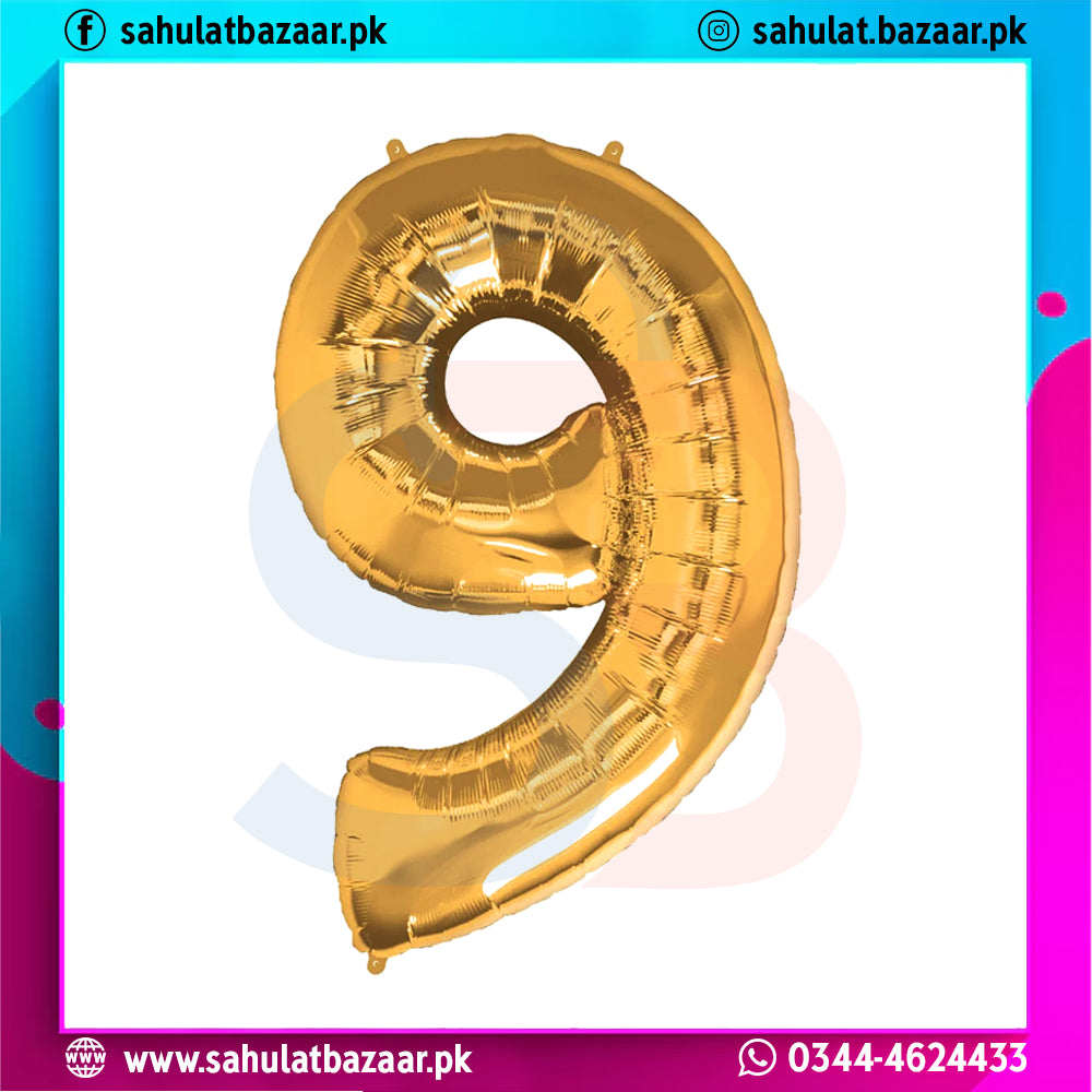 Gold number 9 balloon on a colorful background with branding text.