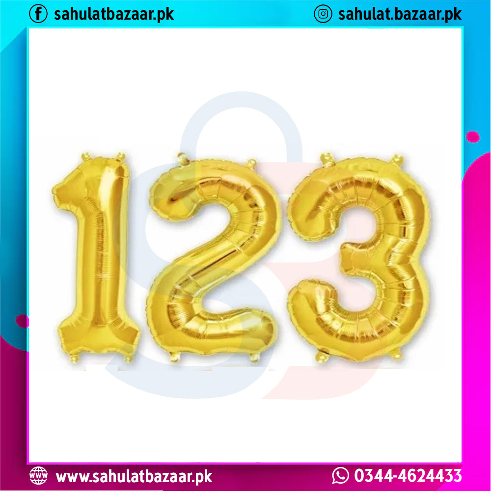 Gold number balloons '123' on a colorful border with brand logo and contact information.