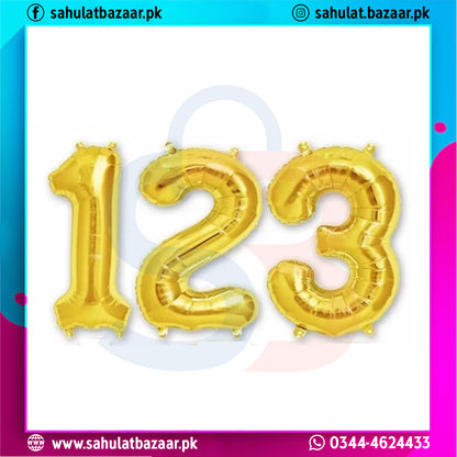 Gold number balloons '123' on a colorful border with brand logo and contact information.