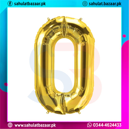 Gold number 0 balloon on a colorful background with branding text.
