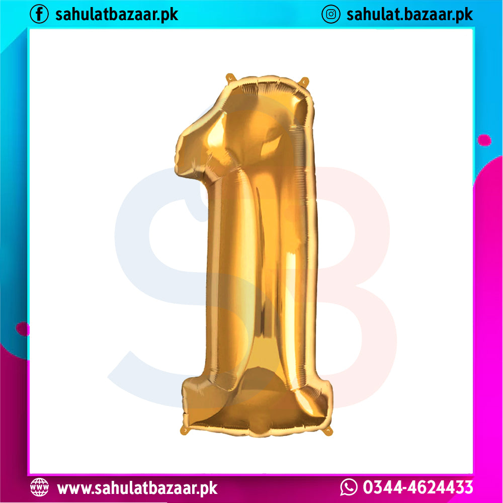 Gold number 1 balloon on a colorful border with 'sahulatbazaar.pk' branding.