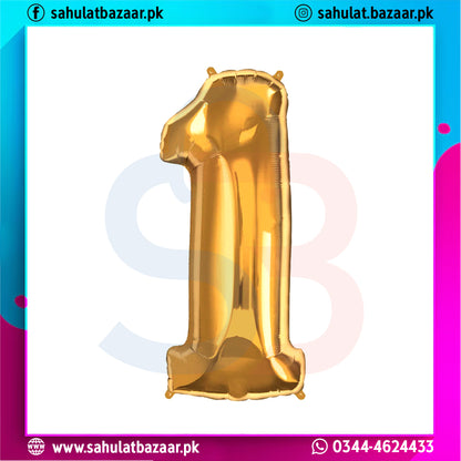 Gold number 1 balloon on a colorful border with 'sahulatbazaar.pk' branding.
