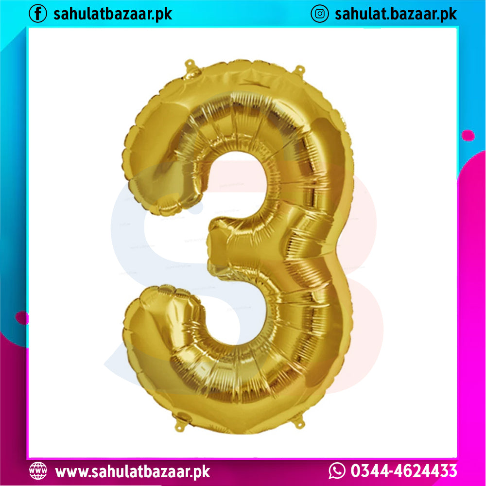 Gold number 3 balloon on a colorful background with branding text.