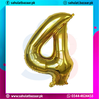 Gold number 4 balloon on a colorful border with brand name 'sahulatbazaar.pk'.