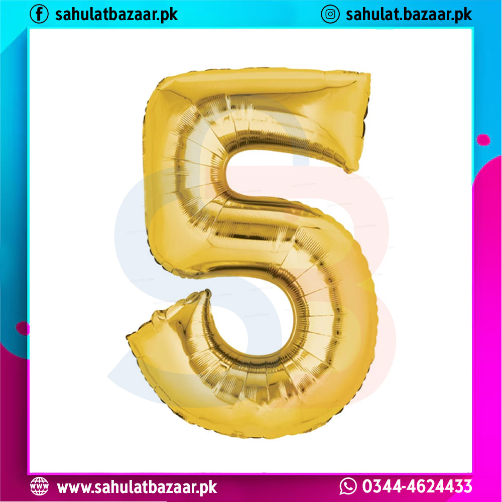 Gold number 5 balloon on a colorful background with branding text.