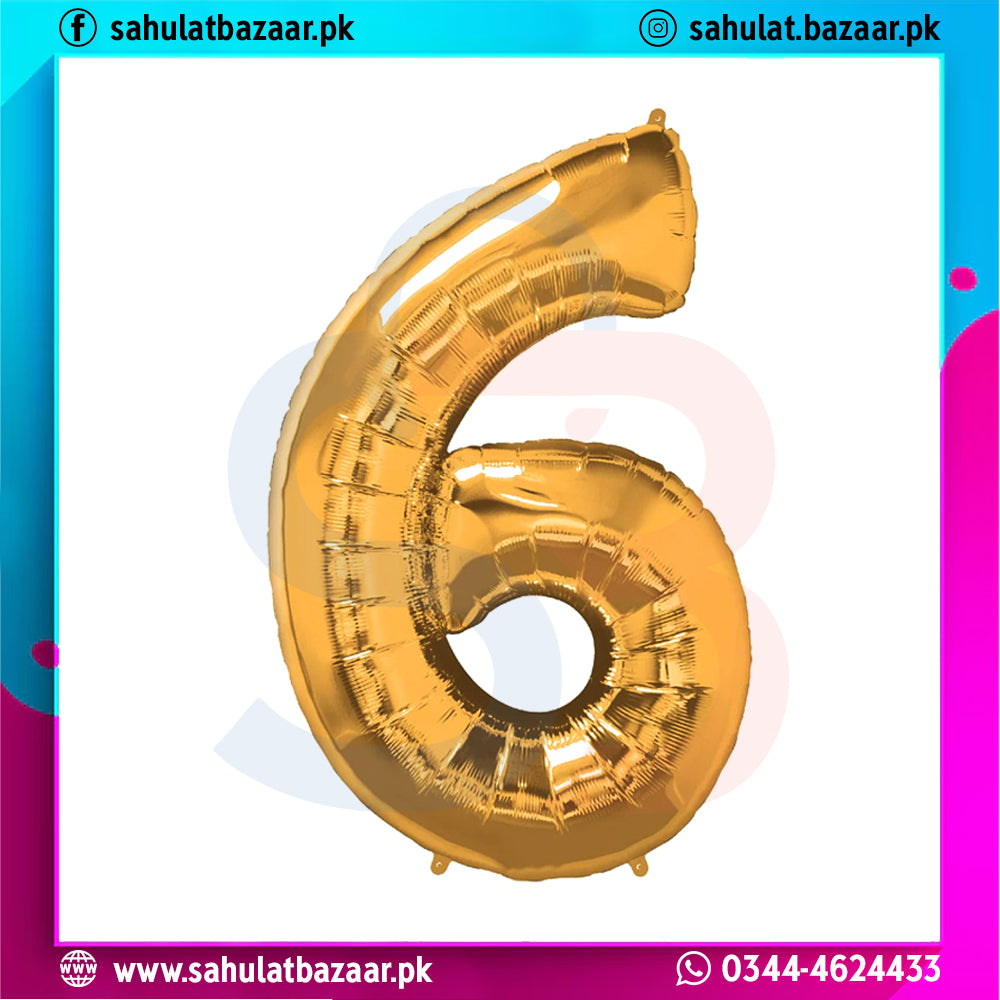 Gold number 6 balloon on a colorful background with 'sahulatbazaar.pk' branding.