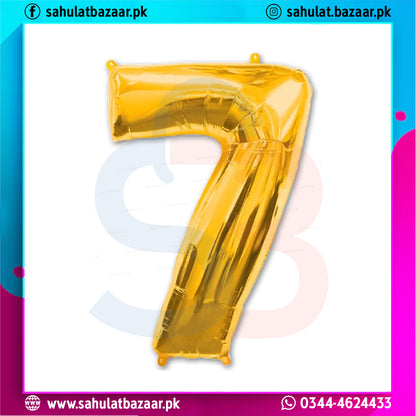 Gold number 7 balloon on a white background with colorful border