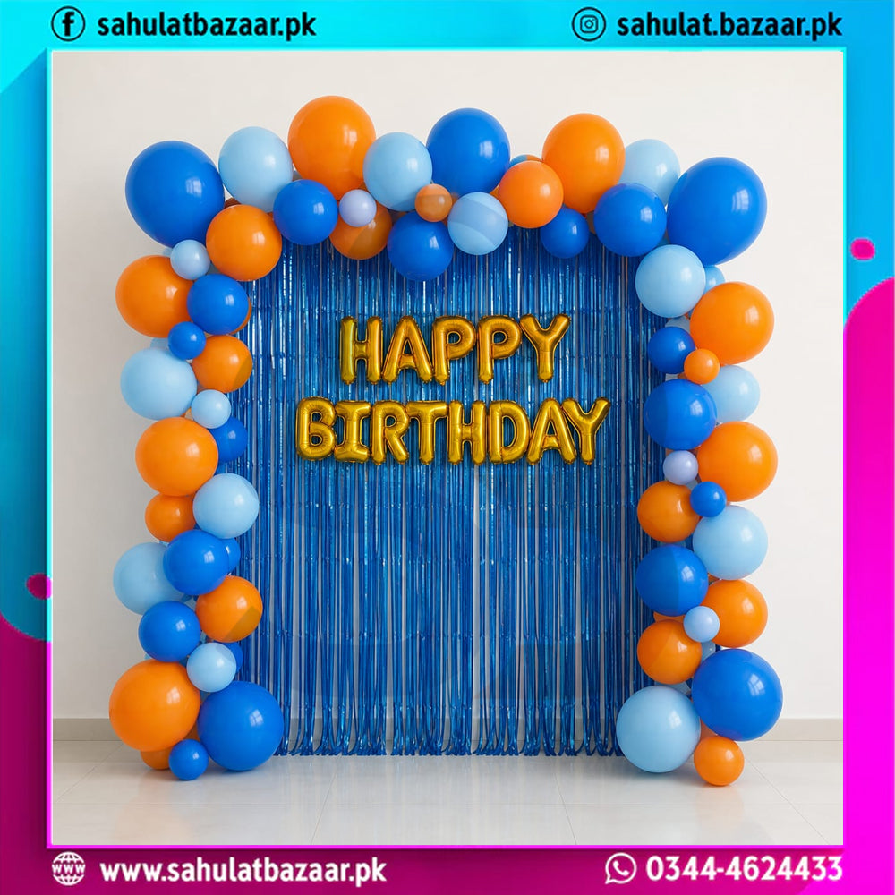 83 Pcs Blue & Orange Birthday Decoration Set – Happy Birthday Foil Balloons with Tinsel Curtain & Balloon Arch Kit for Party Decor