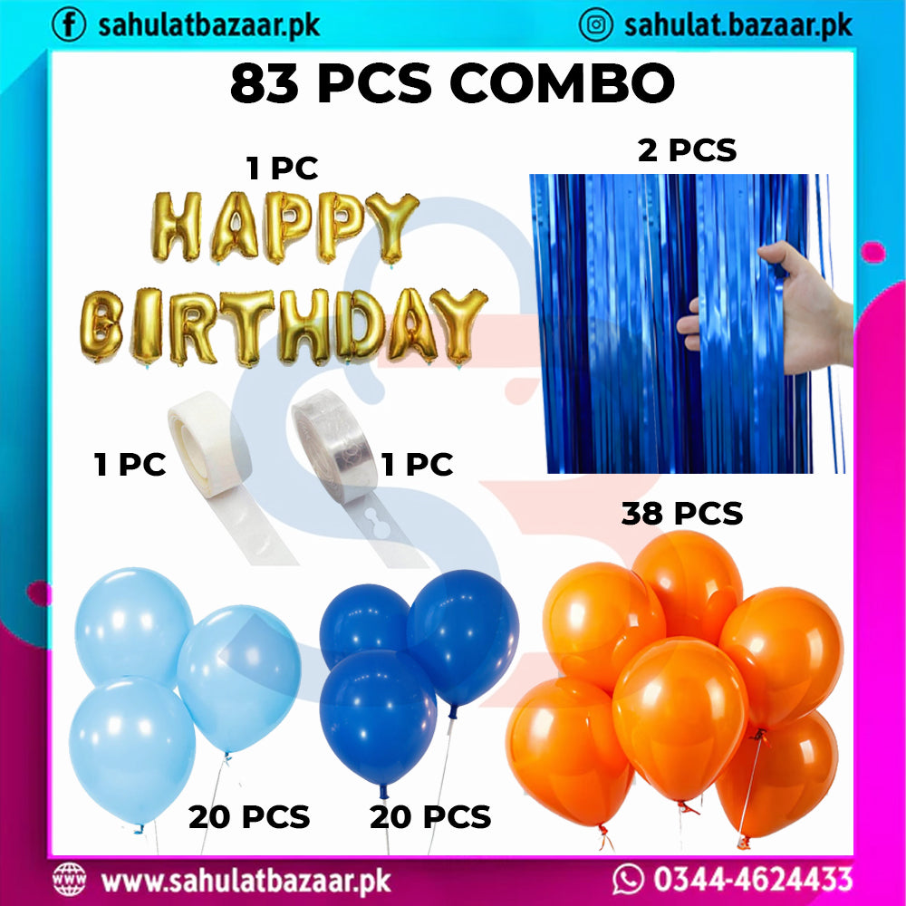 83 Pcs Blue & Orange Birthday Decoration Set – Happy Birthday Foil Balloons with Tinsel Curtain & Balloon Arch Kit for Party Decor
