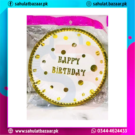 Round birthday plate with 'Happy Birthday' text and gold polka dots, wrapped in plastic.