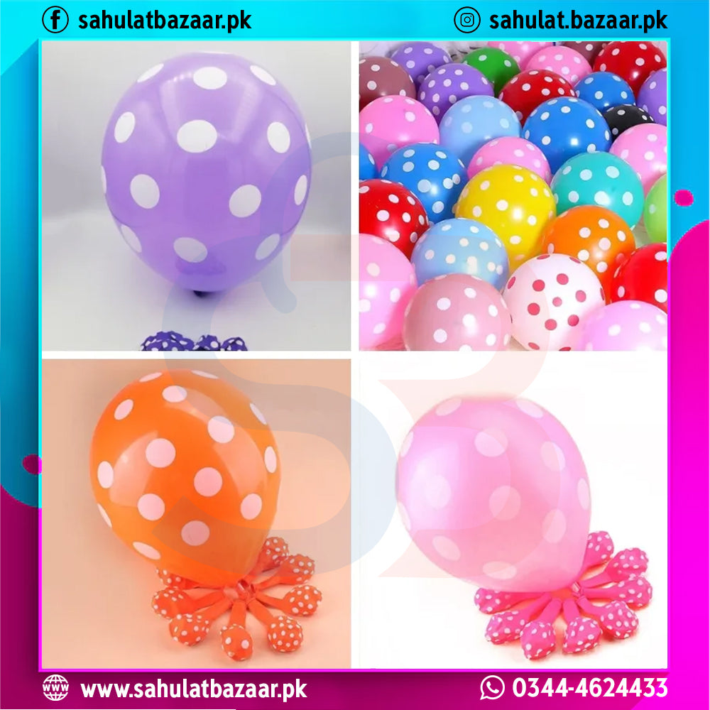 Colorful polka dot balloons with decorative bows on a colorful border.
