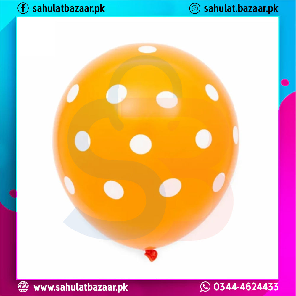 Orange balloon with white polka dots on a colorful border with text and contact information.