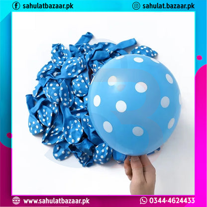 Blue balloons with white polka dots held by a hand on a white background, with 'sahulatbazaar.pk' branding.