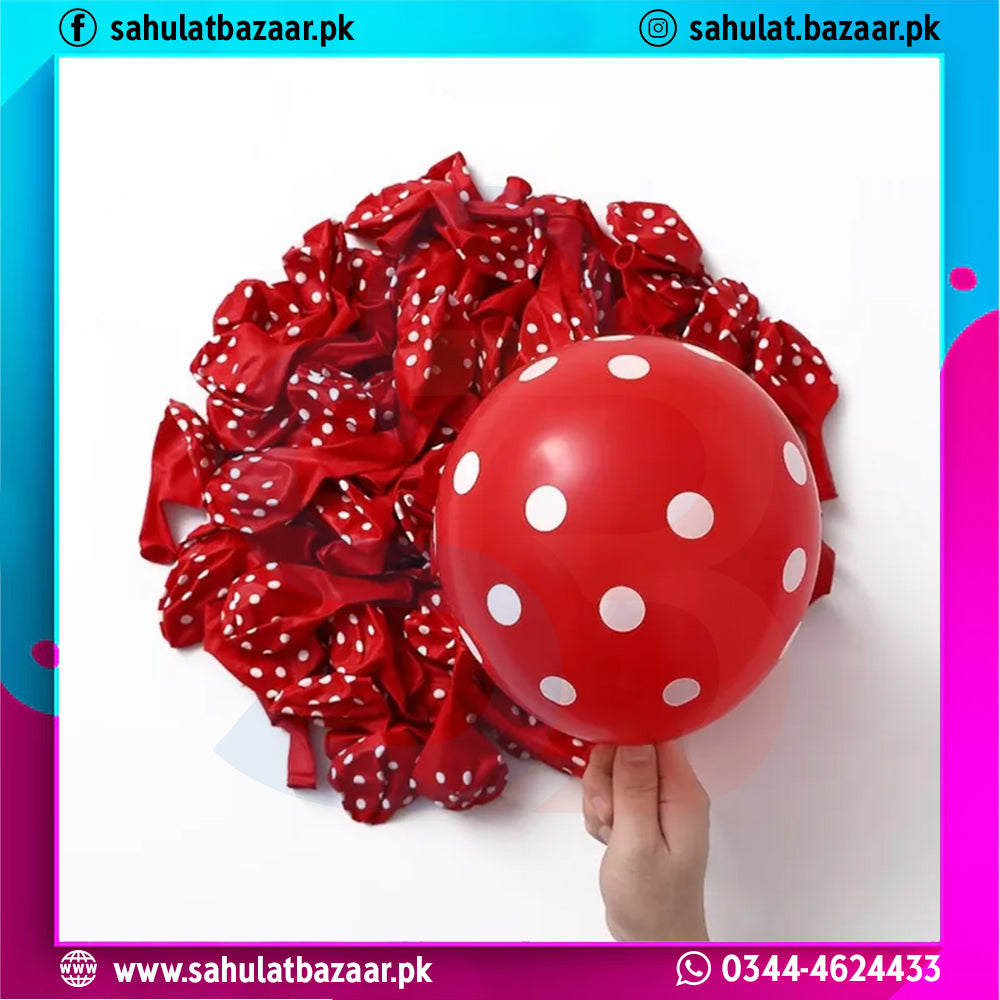 Red balloons with white polka dots held by a hand against a white background, with 'sahulatbazaar.pk' branding.