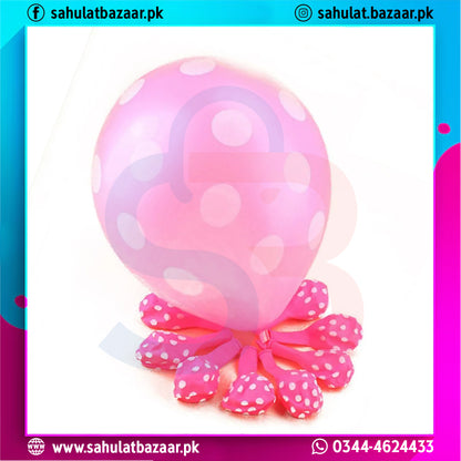 Pink balloon with polka dot ribbon on a colorful border with brand logo and contact information.