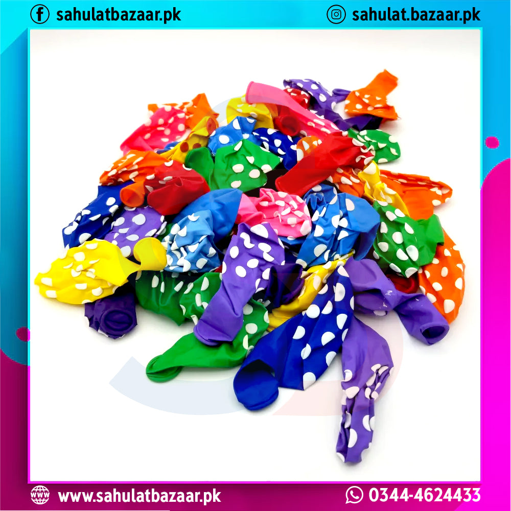 Colorful polka dot balloons on a white background with Sahulat Bazaar branding.