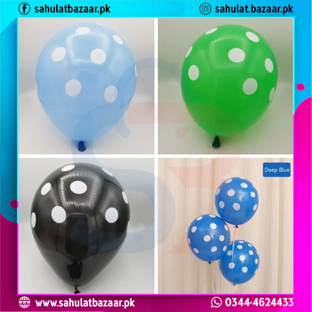Four polka dot balloons in blue, green, black, and deep blue on a colorful background with branding text.