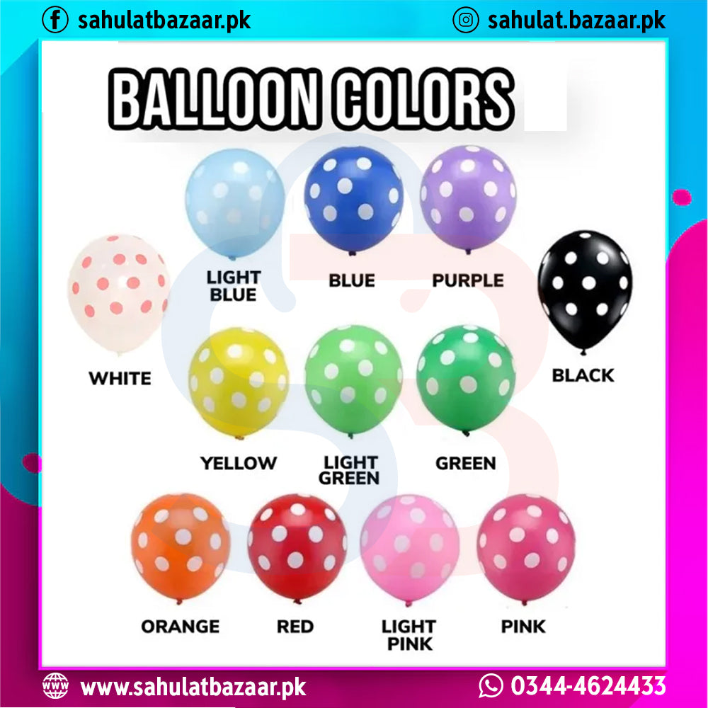 Color chart of polka dot balloons with labeled colors on a colorful background.