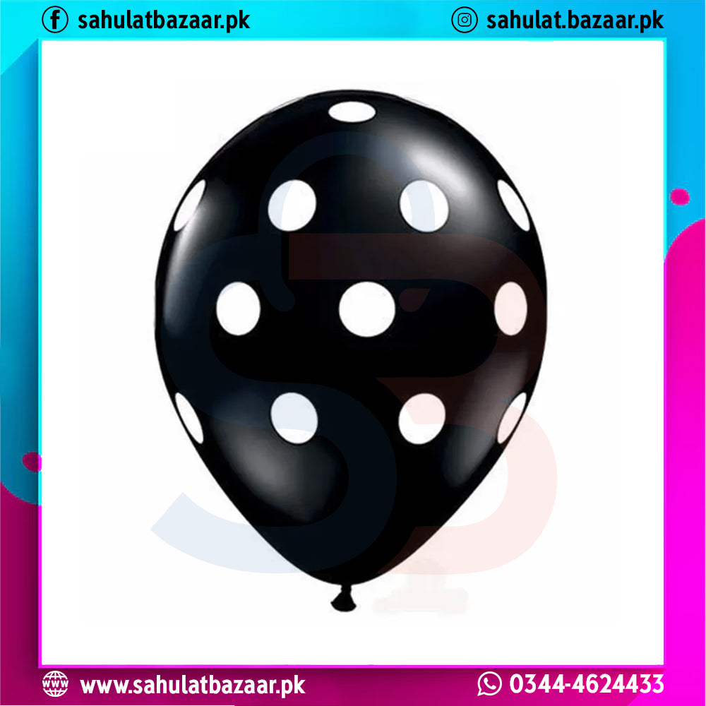 Black balloon with white polka dots on a colorful border with branding text.