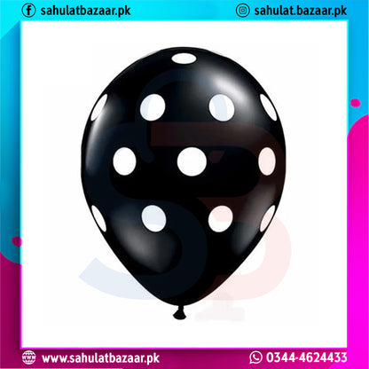 Black balloon with white polka dots on a colorful border with branding text.