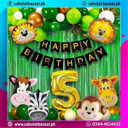 Birthday decoration set with animal-themed balloons and 'Happy Birthday' banner on a green curtain background.