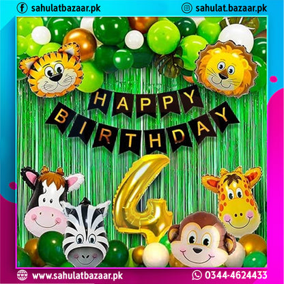 Birthday decoration set with animal-themed balloons and 'Happy Birthday' banner on a green curtain background.