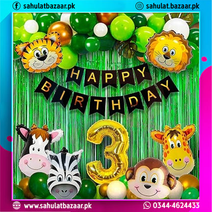 Birthday decoration set with animal-themed balloons and 'Happy Birthday' banner on a green curtain background.