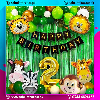 Birthday decoration set with animal-themed balloons and a 'Happy Birthday' banner on a green curtain background.