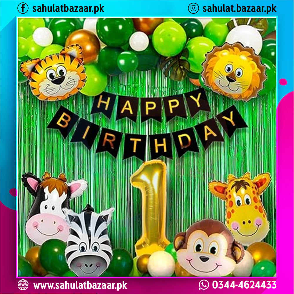 Birthday decoration set with animal-themed balloons and 'Happy Birthday' banner against a green curtain.