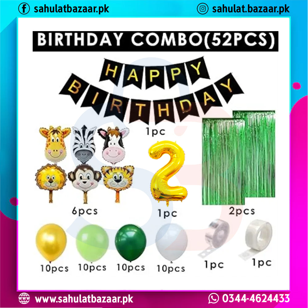 Birthday combo with balloons, streamers, and decorations on a colorful background