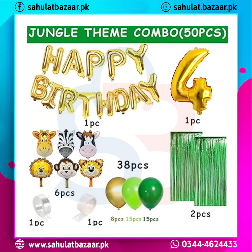 Jungle theme birthday balloon set with 'Happy Birthday' and number 4 balloons, animal face balloons, and tinsel on a colorful background.
