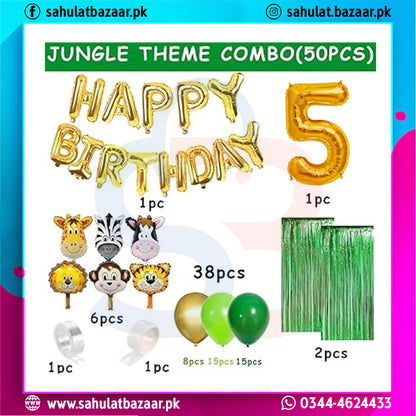 Jungle theme birthday balloon set with 'Happy Birthday' and number 5 balloons, animal face balloons, and green tinsel on a colorful background.