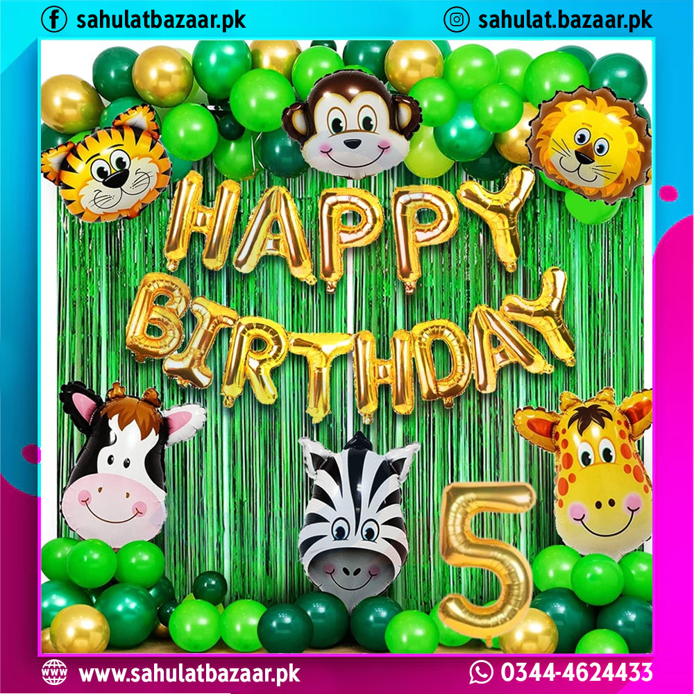 Birthday decoration with animal-themed balloons and 'Happy Birthday' text.