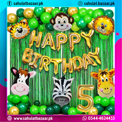 Birthday decoration with animal-themed balloons and 'Happy Birthday' text.