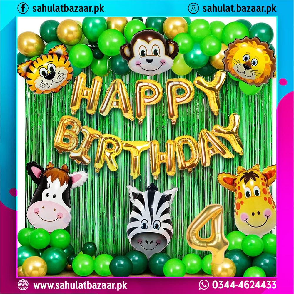 Birthday decoration with animal-themed balloons and 'Happy Birthday' text.