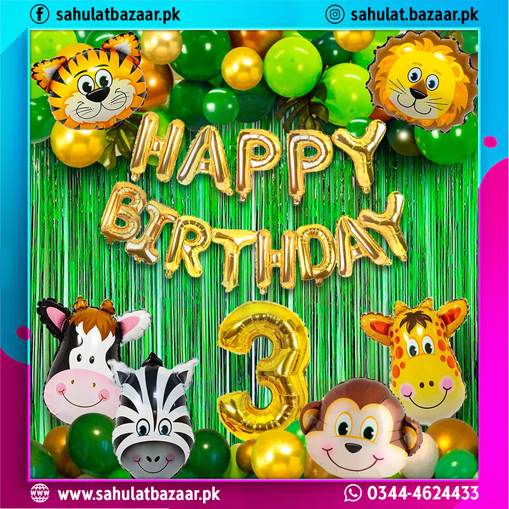 Birthday decoration with animal-themed balloons and 'Happy Birthday 3' text against a green curtain background.