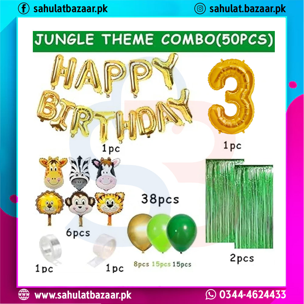 Jungle theme birthday balloon set with 'Happy Birthday' and number 3 balloons, animal face balloons, and green tinsel on a colorful background.