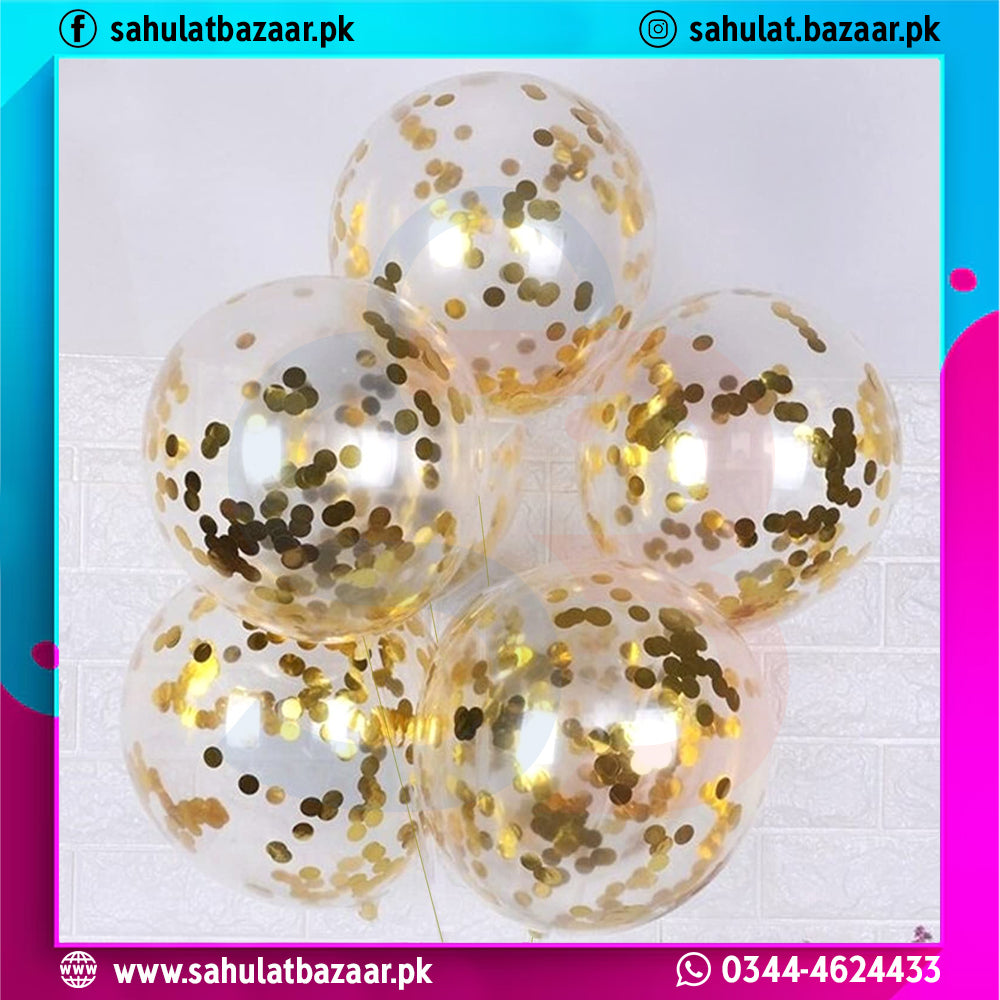 Gold Confetti Transparent Balloons Pack of 5 – Clear Latex Balloons with Gold Confetti & Ribbon for Party Decoration