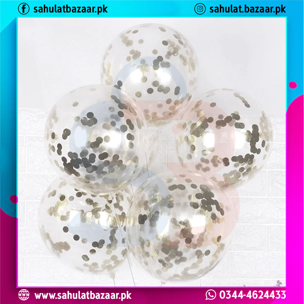 Gold Confetti Transparent Balloons Pack of 5 – Clear Latex Balloons with Gold Confetti & Ribbon for Party Decoration