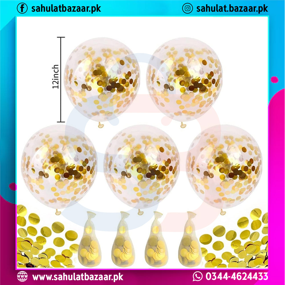 Gold Confetti Transparent Balloons Pack of 5 – Clear Latex Balloons with Gold Confetti & Ribbon for Party Decoration