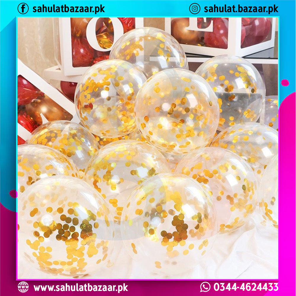 Gold Confetti Transparent Balloons Pack of 5 – Clear Latex Balloons with Gold Confetti & Ribbon for Party Decoration