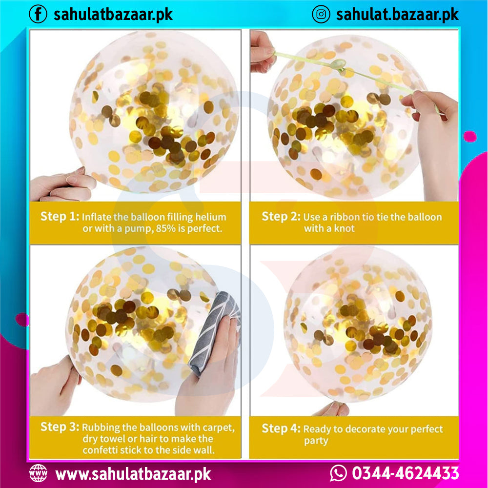 Gold Confetti Transparent Balloons Pack of 5 – Clear Latex Balloons with Gold Confetti & Ribbon for Party Decoration