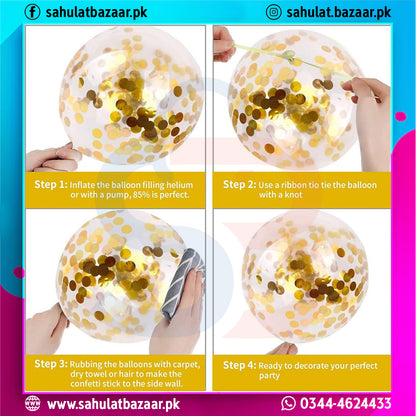 Gold Confetti Transparent Balloons Pack of 5 – Clear Latex Balloons with Gold Confetti & Ribbon for Party Decoration