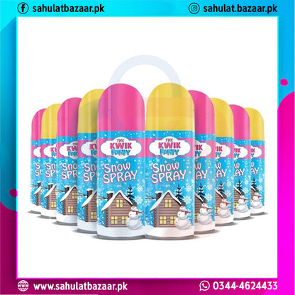 Multiple containers of Kwik Snow Spray with colorful labels on a white background.