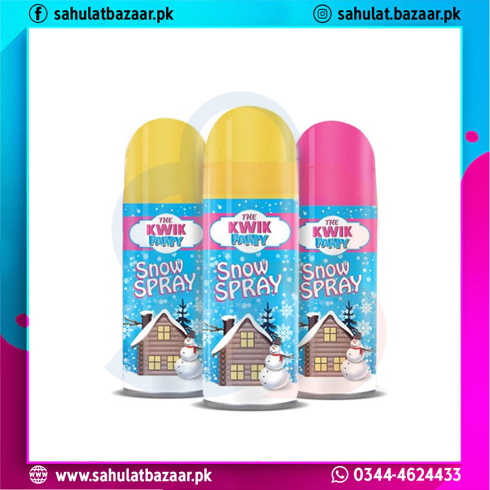 Three bottles of Kwik Puffy Snow Spray with colorful labels on a white background.