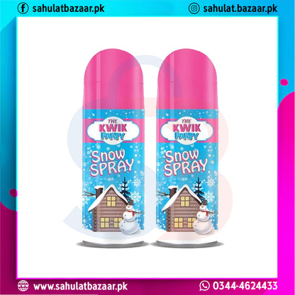 Two bottles of 'The Kwik Pump' snow spray with a blue and pink design on a white background.