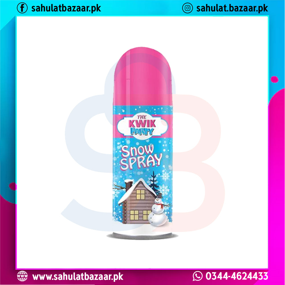Snow spray can with pink top and blue label featuring a house and snowman on a white background.