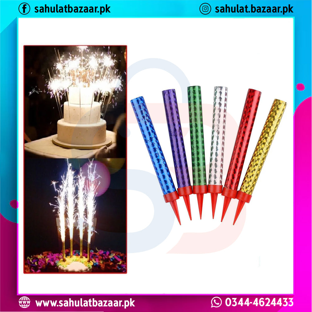 Colorful sparklers with a cake and fireworks in the background, featuring Sahulat Bazaar branding.
